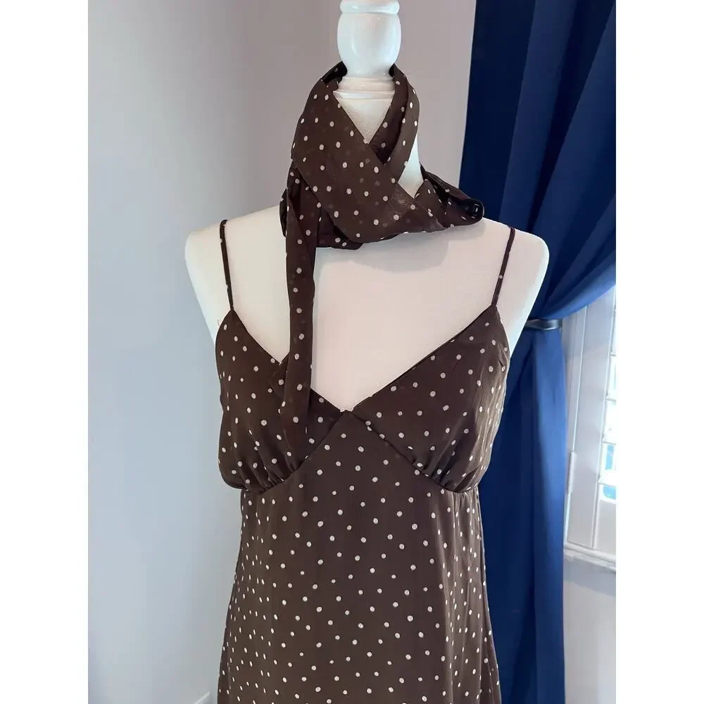 White Polka Dot (L) Brown Mini Dress-Babydoll Slip Dress-COQUETTE-Scarf-PLAYFUL - Picture 7 of 14
